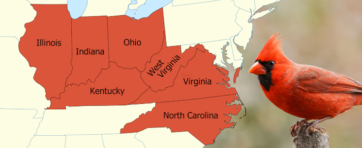 A map of the states which have the Cardinal as their state bird.