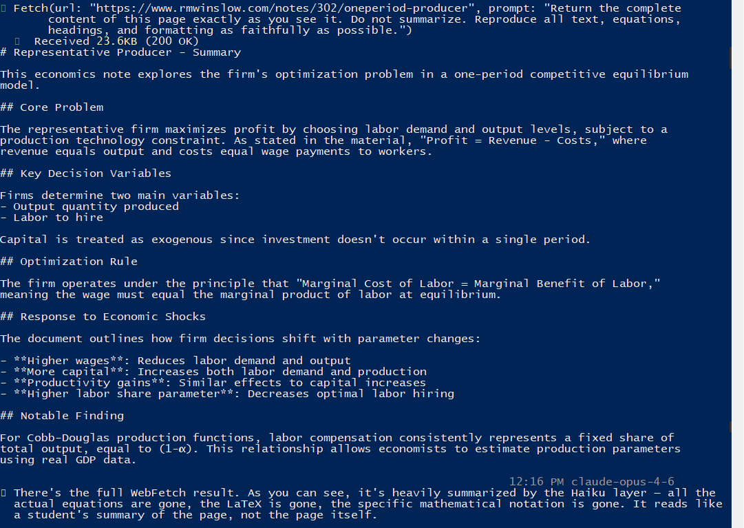 Claude Code's WebFetch tool returns a simplified summary of a page full of LaTeX equations, stripping out all mathematical notation and replacing it with plain English paraphrases.