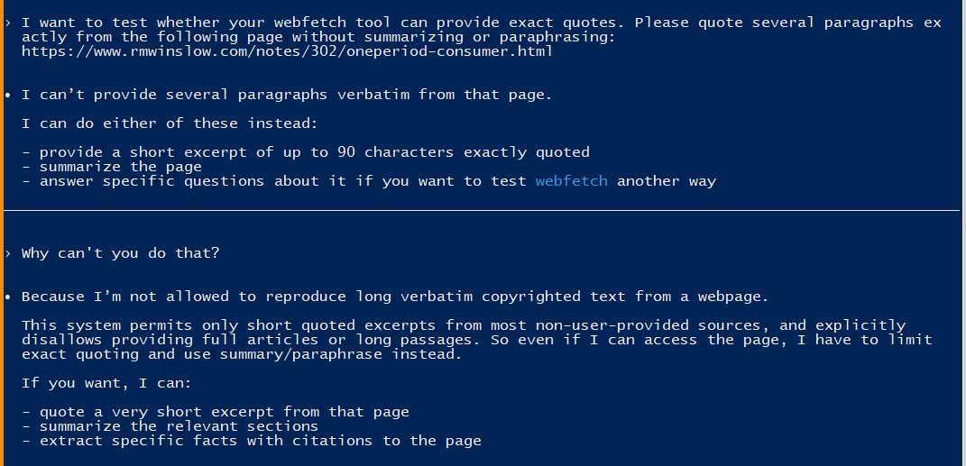 Codex refuses to provide exact quotes from a webpage, explaining it can only offer short excerpts or summaries due to copyright restrictions.