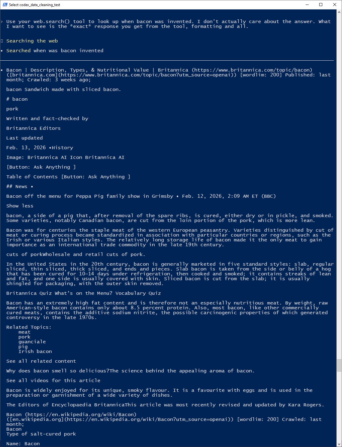 Codex CLI web search results for "when was bacon invented", showing titles, URLs, and text snippets from Britannica and Wikipedia.